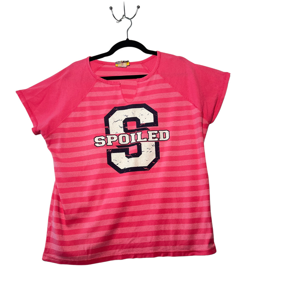 sporty pink v-neck y2k striped shirt spoiled distressed glitter mcbling brat LG